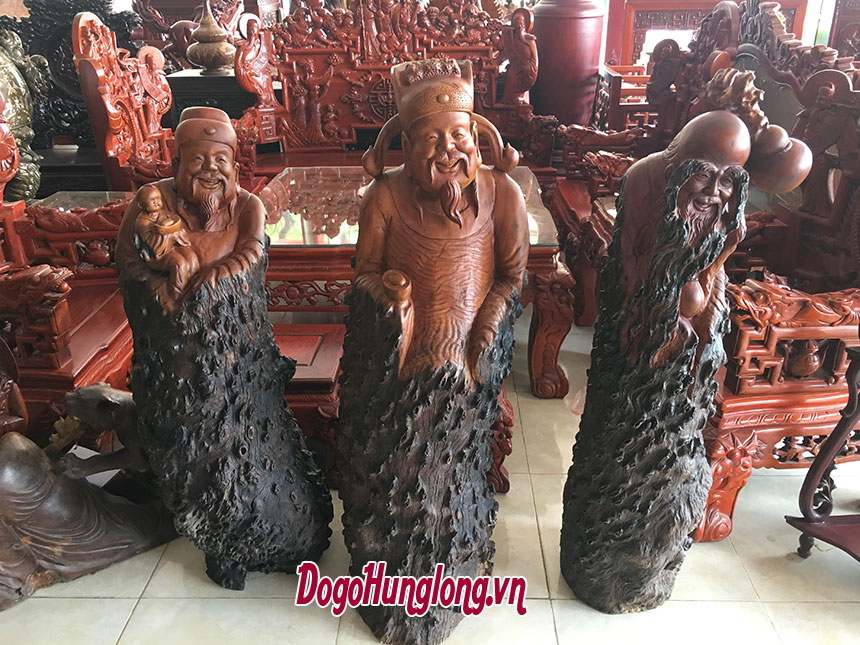 Tượng tam đa gỗ gõ đỏ. Cao 1,20 x sâu 0,38 x ngang 0,45m